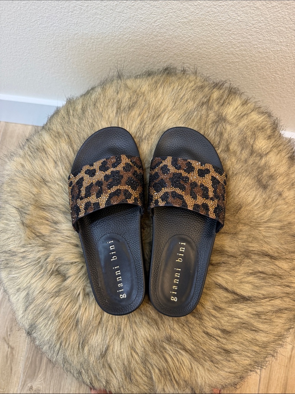 Gianni Bini Black Slides with Leopard Crystal Strap